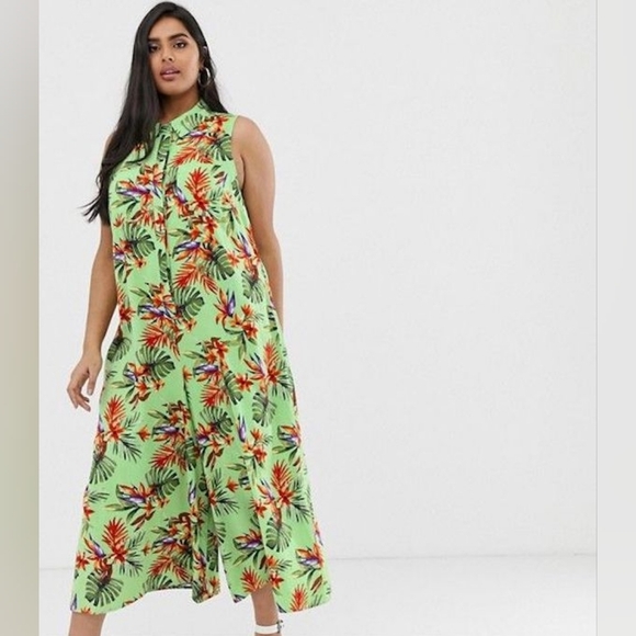 ASOS Plus Tropical Green Sleeveless Wide Leg Jumpsuit - Picture 1 of 12